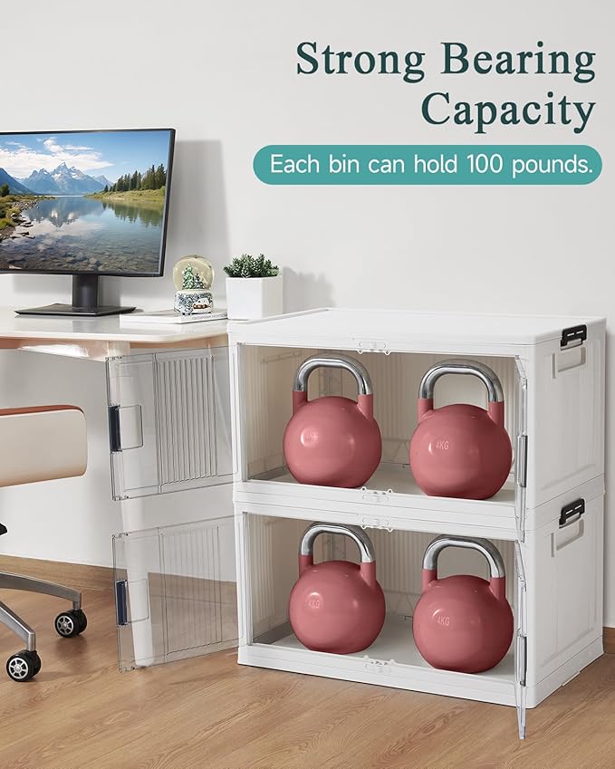 OlarHike 97QT Stackable Storage Bins with Lids - Folding Storage Box with Doors and Wheels, Collapsible Plastic Storage Drawers for Closets, 4 Pack Cubes
