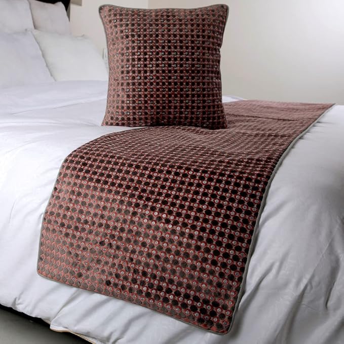 The HomeCentric Grey Bed Runner Without Pillow Cover, Full Size 68"x18" Decorative Bed Runner, Peach & Grey Velvet Bed Scarf in Sequins Embroidery - Ditto Dots