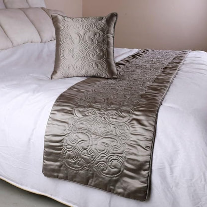 The HomeCentric Luxury Silver Twin 53 x 18 inch Bed Runner with Pillow Cover, Satin Quilted Bed Scarf, Abstract Modern - Silver Soft