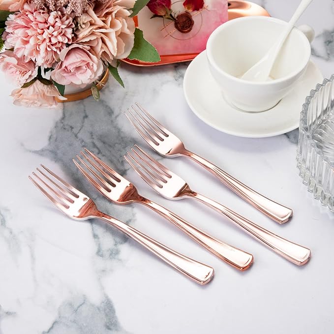 Liacere 200 Pack Rose Gold Disposable Forks - 7.4 Inch Heavy Duty Plastic - Rose Gold Silverware for Catering, Parties, Dinners, Weddings & Mother's Day