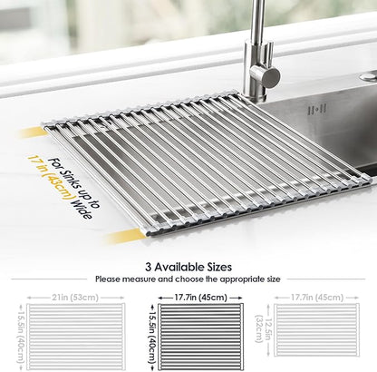 Tomorotec Stainless Steel Roll-Up Dish Drying Rack Marble Color Silicone Edges, Foldable Kitchen Rack Heat Resistant Trivet Supports up to 70 lbs, Food Safe for Dishes, Cookware & More