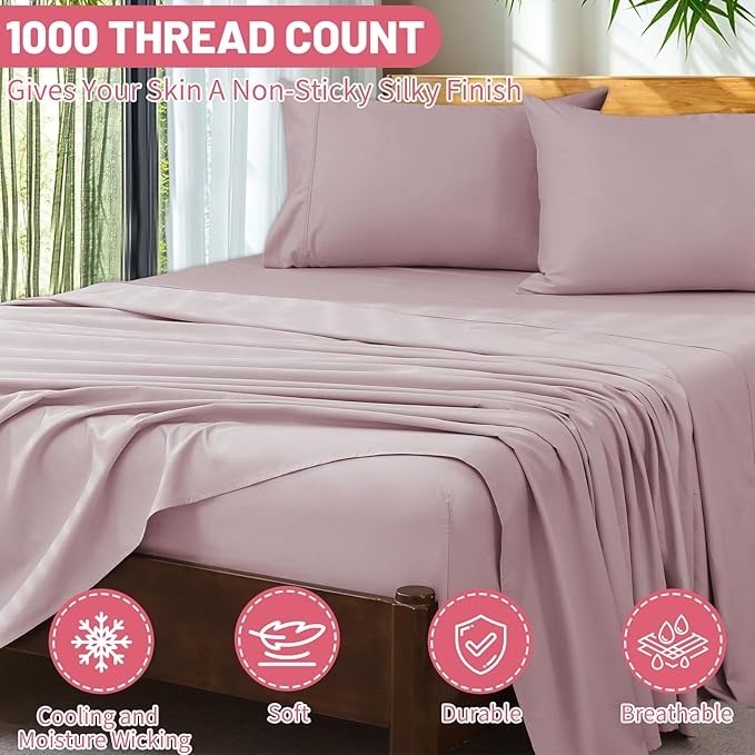 Extra Deep Pocket California King Sheets 18-24 Inch 100% Egyptian Cotton 1000 Thread Count Sateen Weave Soft Breathable 4 Pieces（California King,Light Pink）