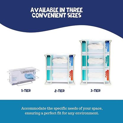 Disposable Glove and Facial Tissue Wire Rack, Dispenser, Wall Mount Design With Mounting Accessories Included, White Durable Metal Organizer Glove Dispenser for Home, Lab, Office and Food Service