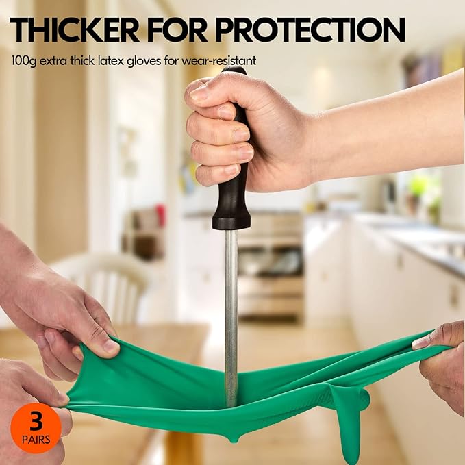 Vgo... 3-Pairs Reusable Household Gloves, Rubber Dishwashing gloves, Extra Thickness, Long Sleeves, Kitchen Cleaning, Working, Painting, Gardening, Pet Care (Size L, Green, HH4601)
