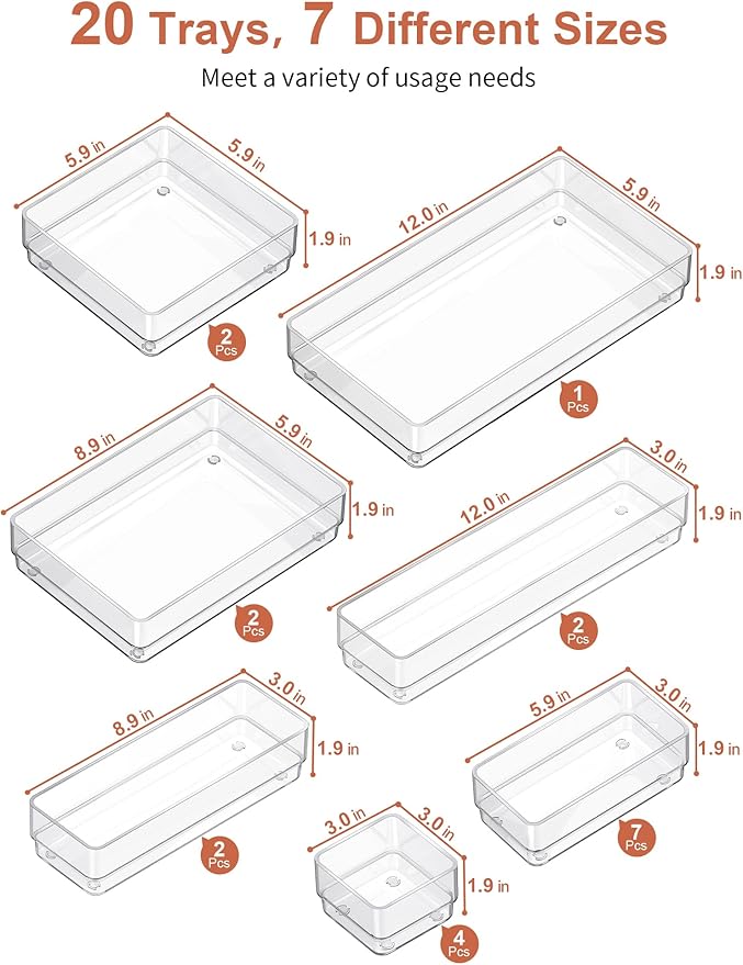 SMARTAKE 20-Piece Drawer Organizer with Non-Slip Silicone Pads, 7-Size Desk Drawer Organizer Trays Storage Tray for Makeup, Jewelries, Utensils in Bedroom Dresser, Office and Kitchen (Clear)