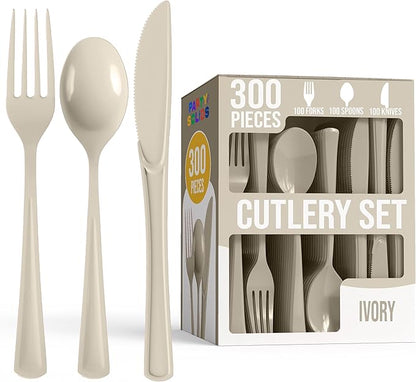 Party Solids Ivory Plastic Silverware Heavy Duty 300 Pieces Ivory Plastic Cutlery Sets, Utensil Sets, 100 Of Each Forks, Knives & Spoons Disposable Cutlery Set, Flatware Set For Party Supplies