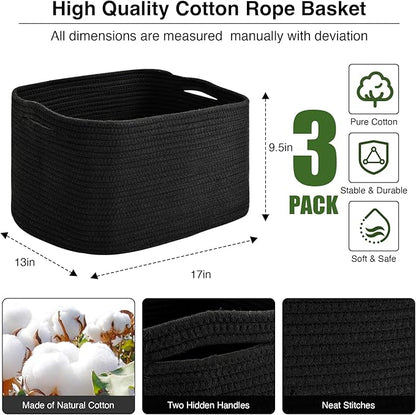 Large Storage Baskets for Organizing Shelves, Woven Cotton Rope Bins for Baby Nursery Organization, Book Toy Towel Organizer, 17"x13"x9.5", 3 Packs, Black