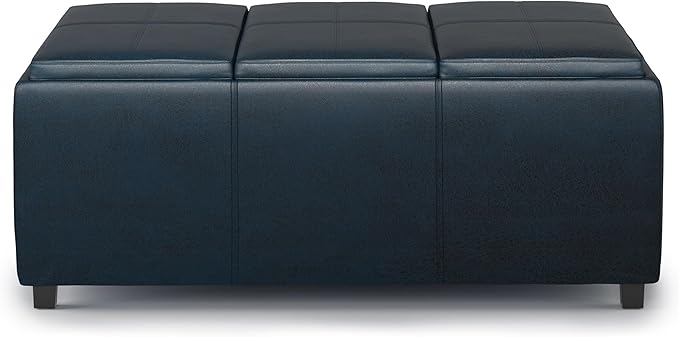 SIMPLIHOME Avalon 42 inch Wide Contemporary Rectangle Storage Ottoman in Distressed Dark Blue Vegan Faux Leather, Assembled, for the Living Room, Entryway and Family Room