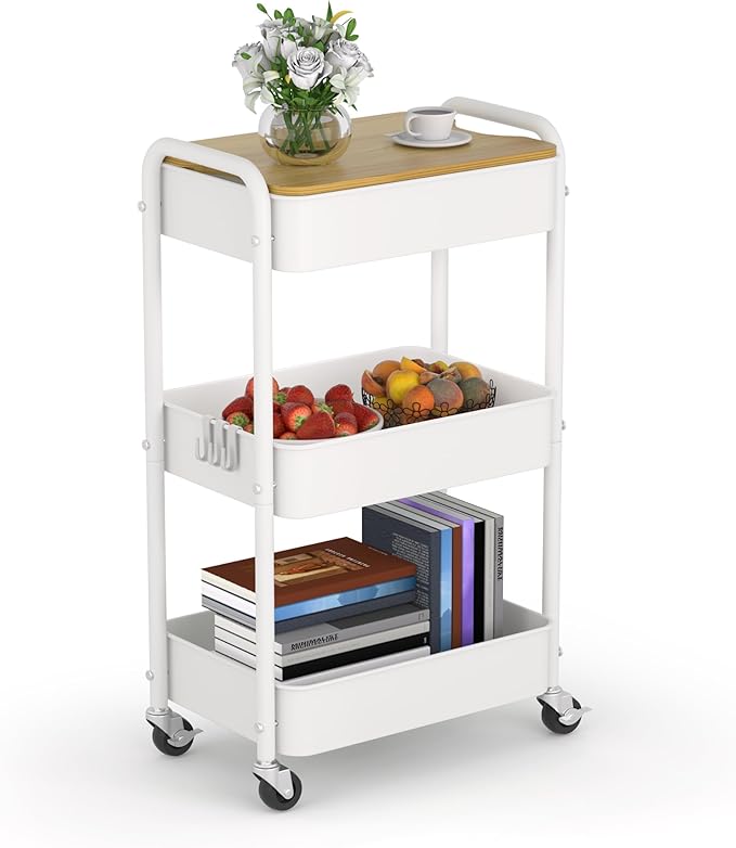 3 Tier Metal Utility Cart, Rolling Storage Cart with Wooden Tabletop, Metal Organizer Cart with Lockable Wheels for Office, Bedroom, Kitchen and Living Room (White)