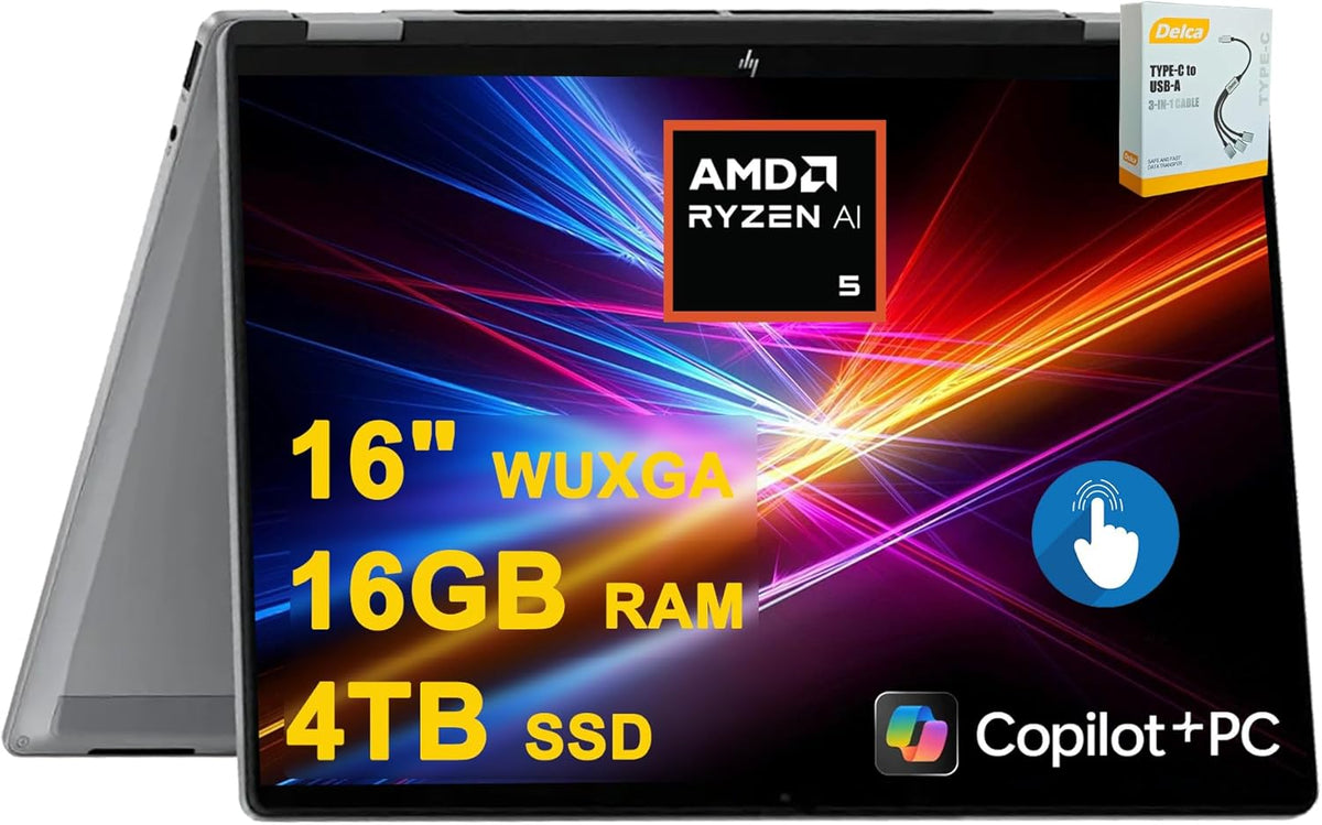 HP OmniBook X Flip Copilot+ AI PC 2-in-1 Laptop | 16" WUXGA Touch (400nits) | AMD 6-core Ryzen AI 5 340 (Up to 50 Tops) | 16GB DDR5 4TB SSD | Backlit 5MP IR Privacy Camera Win11Pro w/DLCA Accessory
