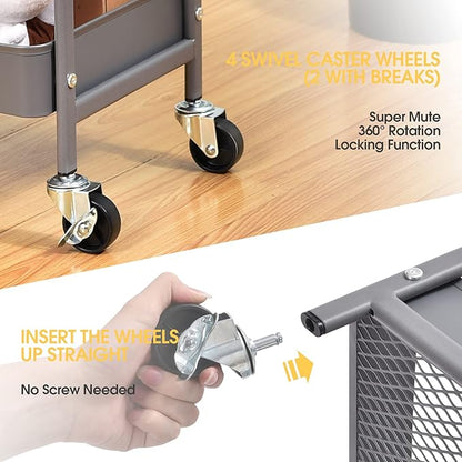 TOOLF 3-Tier Rolling Cart, Metal Utility Storage Cart with DIY Pegboards, Art Craft Trolley with Baskets Hooks, Serving Organizer Easy Assemble for Office, Home, Kitchen, Classroom (Grey)