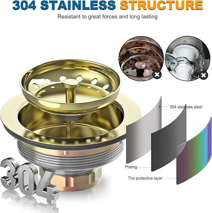 BOTEMY Stainless Steel Gold Sink Drain Strainer Kit 3-1/2 inch Kitchen Drain Assembly with Metal Center Knob Basket Stopper Replacement for Standard Kitchen Sinks