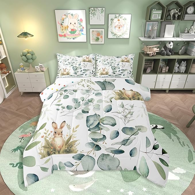 Erosebridal Girls Kawaii Animal Toddler Comforter Set Cute Rabbit Bedding Set, Cartoon Wildlife Bedding Comforter Sets Green Leaf Duvet Set, Spring Plant Quilted Comforter Child Kids Bedroom Decor