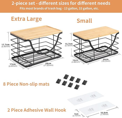 Extra Large Trash Bag Holder Under Sink 2 Pack Stackable Kitchen Storage with Bamboo Lid, Garbage Bag Dispenser Roll Holder, Pantry Organizers Wall Mounted Laundry Room Organization Storage