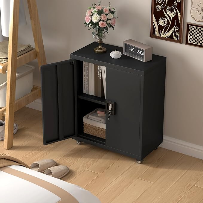 Metal Cabinet with Wheels, Steel Cabine with Locking Doors, Small Cabinet with 1 Adjustable Shelf, Tool Cabinets for Garage, Suitable for Home Office, Garage, Office