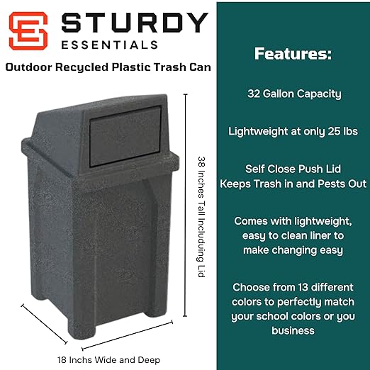 32 Gallon Square 100% Recycled Plastic Heavy Duty Commercial Outdoor or Indoor Trash Can with Push Lid - Great for Schools and Businesses - Dark Granite
