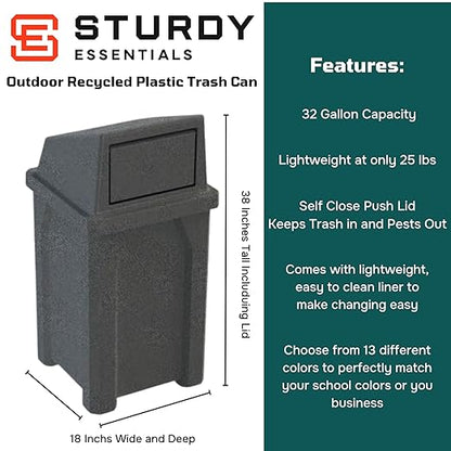 32 Gallon Square 100% Recycled Plastic Heavy Duty Commercial Outdoor or Indoor Trash Can with Push Lid - Great for Schools and Businesses - Dark Granite
