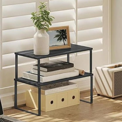 Cabinet Organizer Shelf, Kitchen Counter Storage, 2-Piece Set, Stackable Spice Rack, Metal and Wood (Black and Charcoal Black)