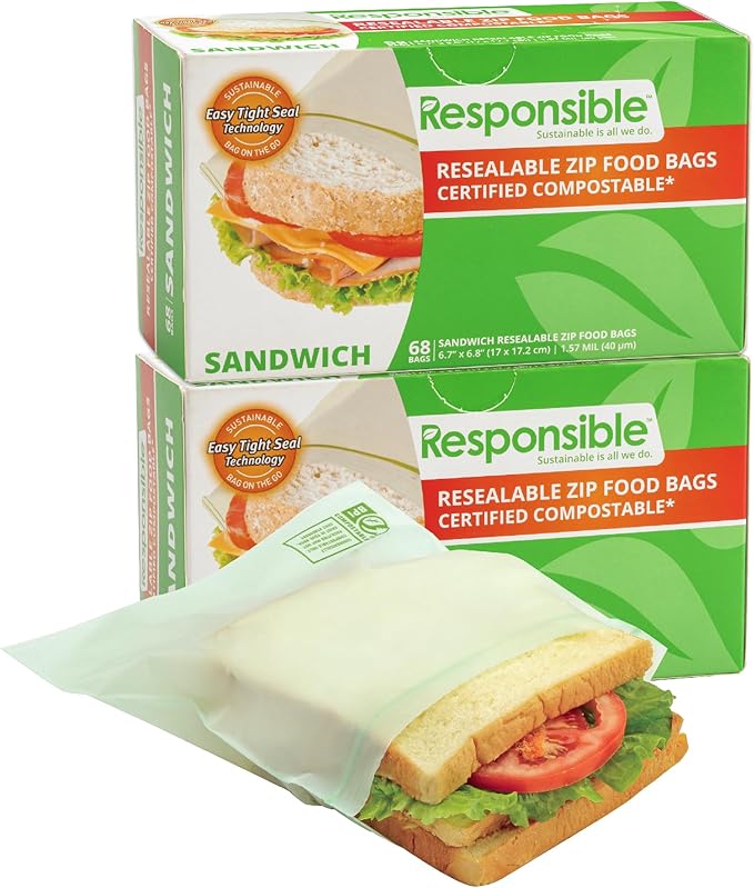 Responsible Products Certified Compostable SANDWICH Resealable Zip Bag, Extra Strength Food Bags, Made from Plant Materials (136 Pack)