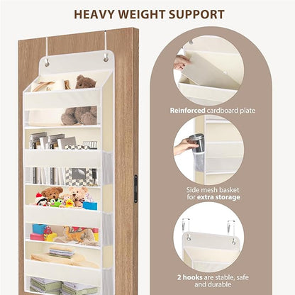 QINGUANG Over The Door Organizer,Hanging Organization and Storage, Behind Door Organizer with Side Pockets, 35 lbs Capacity,Anti Tilt, for Nursery, Bathroom, Bedroom,Dorm 4-Shelf Beige
