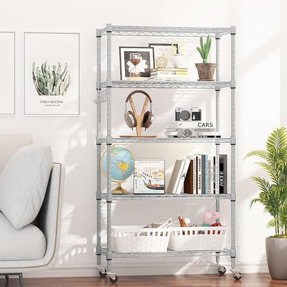 Himimi 5-Tier Storage Shelf Wire Shelving Unit on Wheels, Adjustable Heavy Duty Metal Shelves with Side Hooks, Steel Rack Organization for Kitchen Garage Basement, Silver