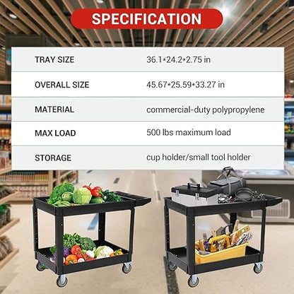 Utility Service Cart 2-Shelf 500 Lbs Capacity, Heavy Duty Rolling Cart with Two Trays and Brake Wheel for Warehouse, Garage, Cleaning, Manufacturing, Storage Handle, 45"X25" Black
