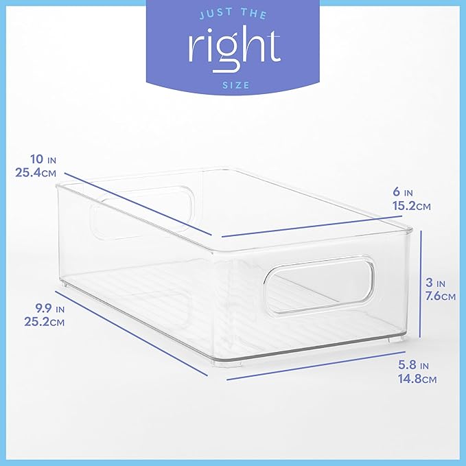 Plastic Food Storage 4 Pack Clear Container Bin with Handles for Organizing Kitchen, Pantry, Refrigerator, Freezer, Pantry, Cabinet, Closet, Bathroom. Stackable 10”x6”x3”