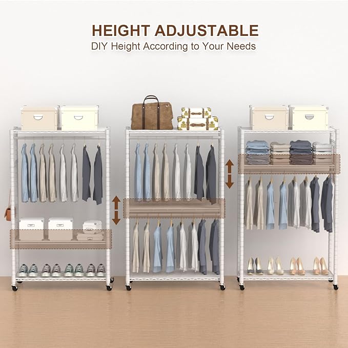 Clothes Rack, Clothing Rack for Hanging Clothes, 3 Tiers Adjustable Heavy Duty Closet Organizer with Wheels | Double Rods | Side Hooks | Load 445lbs | 35.43" L x 15.7" W x 78.34" H | White