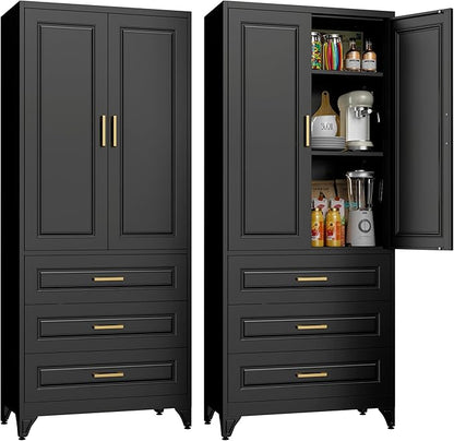 75" Tall Metal Storage Cabinet, Kitchen Pantry Storage Cabinets with Doors and Shelves, Black Pantry Cabinet with 3 Drawer, Utility Kitchen Cupboard, Large Steel Cabinets for Dining Room