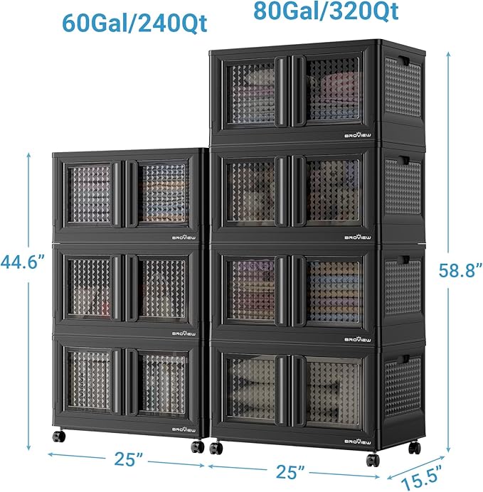 BROVIEW 140Gal Stackable Storage Bins with Lids & Wheels, 560Qt Plastic Collapsible Closet Organizer and Storage Drawers, Storage Boxes Cabinets for Home, Office, 7 Pack, Black