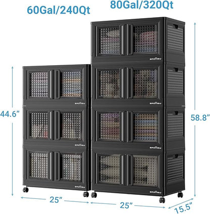 BROVIEW 140Gal Stackable Storage Bins with Lids & Wheels, 560Qt Plastic Collapsible Closet Organizer and Storage Drawers, Storage Boxes Cabinets for Home, Office, 7 Pack, Black