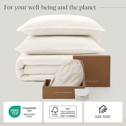 Double Stitch Cotton Tencel Duvet Cover - Queen Size Comforter Cover, Luxury & Soft Eucalyptus Lyocell Bedding Set for Hot Sleepers, Cooling, Smooth & Breathable, Button Closure, Cream, 90"x90"