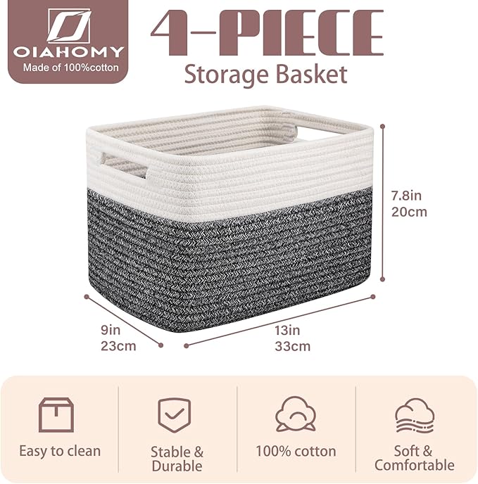 OIAHOMY 4 Pack Storage Baskets for Organizing, Basket for Shelves with Handle, Woven Baskets for Storage Toys, Towels, Books, Cotton Rope Basket 13" L x 9 " W x 7.8 " H, Black & White