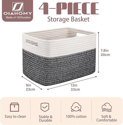 OIAHOMY 4 Pack Storage Baskets for Organizing, Basket for Shelves with Handle, Woven Baskets for Storage Toys, Towels, Books, Cotton Rope Basket 13" L x 9 " W x 7.8 " H, Black & White