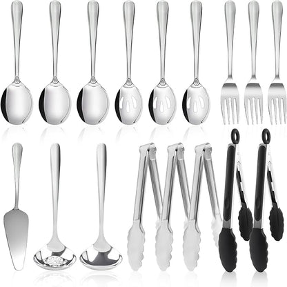 17PCS Serving Utensils Set Flatware, Stainless Steel Serveware Large Serving Spoons, Slotted Spoons, Forks, Tongs, Cake Server,Soup and Skimmer Spoon for Buffet, Catering, Party, Dinner (Silver)