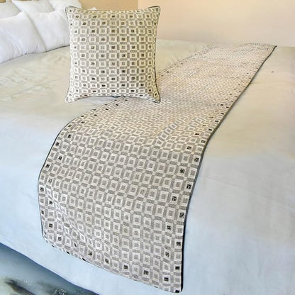 The HomeCentric King/Queen/Twin Grey Decorative Twin 53"x18" Bed Runner with 2 Pillow Cover, Checkered, Beaded, Hand Embroidery Bed Scarf on Velvet Fabric - The Brick Effect