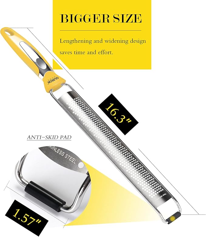 Ourokhome Kitchen Lemon Zester, Stainless Steel Hand Held Parmesan Cheese Grater for Ginger, Chocolate, Coconut, Lime, Nutmeg, Citrus, Fruit, Vegetable with Cleaning Brush, Dishwasher safe, Yellow