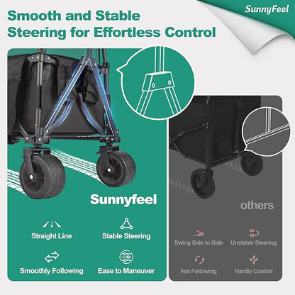 SUNNYFEEL Heavy Duty Collapsible Outdoor Utility Wagon Cart 500LB Capacity Adjustable Handlebar,Foldable Beach Wheels Stable Durable Oxford Fabric for Shopping Garden Camping (Black, Tall Version)