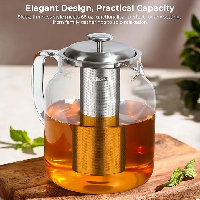 Aquach 68oz Glass Teapot with Built-in Thermometer, Stovetop & Dishwasher Safe, Borosilicate Carafe and Stainless Steel Removable Infuser