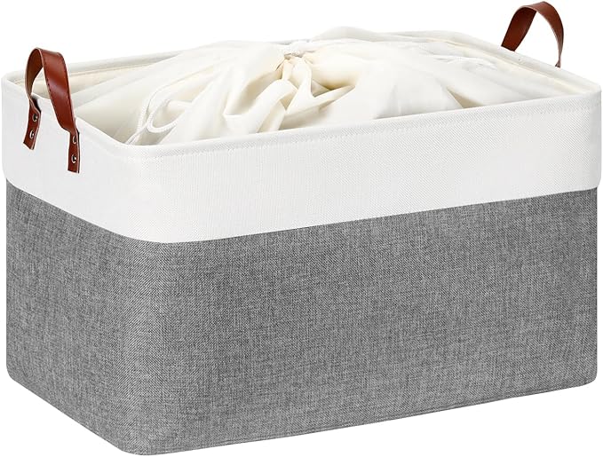 DULLEMELO Extra Large Storage Basket for Organizing, 70L Oversized Storage Bin Foldable Canvas Fabric Blanket Basket, 22" x 15" x 13" Large Kids Toy Basket Organizer with Handles (White&Grey)