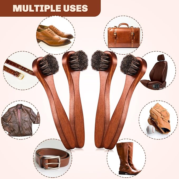 4 Pcs Horsehair Shine Shoes Brush Kit Polish Dauber Applicators Cleaning Leather Shoes Boots Care Brushes Suede Cleaner Brush with Microfiber Shoe Cloth(Brown Handle A)