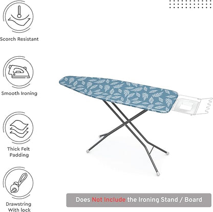 Encasa XO Ironing Board Cover and Pad 57"x22" - Thick 3mm Felt Padding, Drawstring Tightening & Lock, Easy Fit, Scorch & Stain Resistant, Fits X-Large Ironing Board - Big Leaves Blue