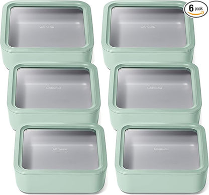 Caraway 6pc Glass Food Storage Set – 10 Cup Food Containers (6) - Ceramic Coated - Non Toxic, Non Stick with Lids - Microwave Safe - Mist