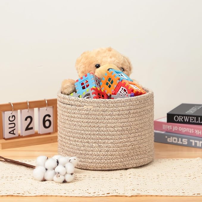 Small Basket for Organizing | Cube Shelf Closet Storage Baskets | 9.7×9.7×7.1” | Woven Rope Gift Basket | Nursery | Round 3 Packs Mixed Brown