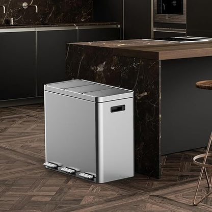 3 x 5.3 Gal (3 x 20L) Trash Can, Stainless Steel Triple Compartment Step-On Recycling Bin with Soft-Close Lids & Removable Plastic Inner Buckets for Kitchen, Home, Office