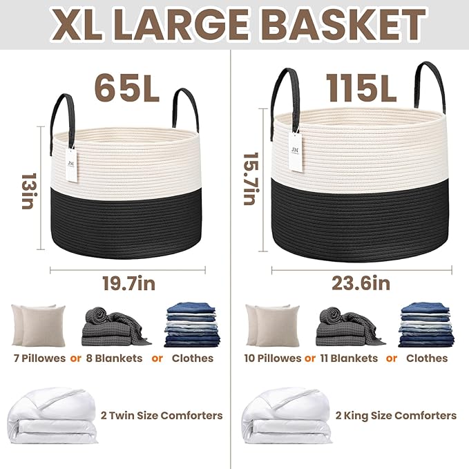 Woven Blanket Basket,115L Large Rope Storage Bin with Handles, Organizer for Blankets Toys Book and Clothes, Laundry Basket for Living Room Bedroom Nursery,White&Black