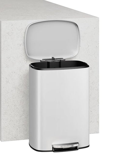 Garvee 13 Gal (50L) and 2.6 Gal (10L) Metal Trash Can Combo Set, Rustproof Garbage Can with Lid, Step-on Trash Bin with Inner Bucket, Rear Handle, White