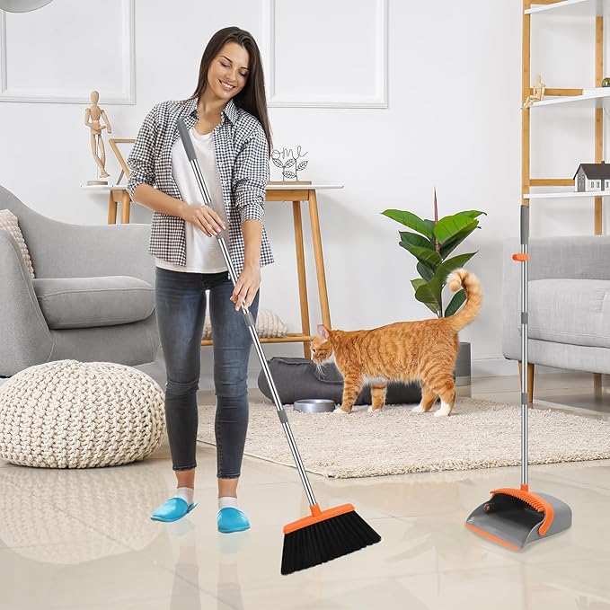 NACENA Broom and Dustpan Set, 52-in Long Adjustable Handle Broom Dustpan Combo with Dustpan Teeth to Automatically Clean Hair Suitable for Home Kitchen Office Hall Floor (Grey&Orange), 2 Pack