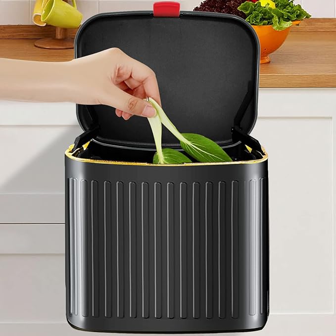 GloDeals Kitchen Trash Can for Counter Top or Under Sink, 1.05 Gallon Stainless Steel Small Compost Bin, Wall Mount Compost bin with Lid for Kitchen, Cabinet Trash Can Hanging (Black)