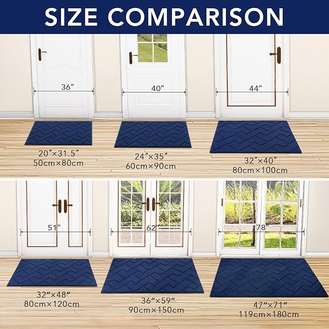 hicorfe Front Door Mat Outside Entrance,32"x40" Absorbent Muddy Dirt Resist Welcome Door Mats Outdoor Indoor,Stain and Fade Resistant,Non Slip Backing Entry Mat Doormat for Entryway(Navy Blue)